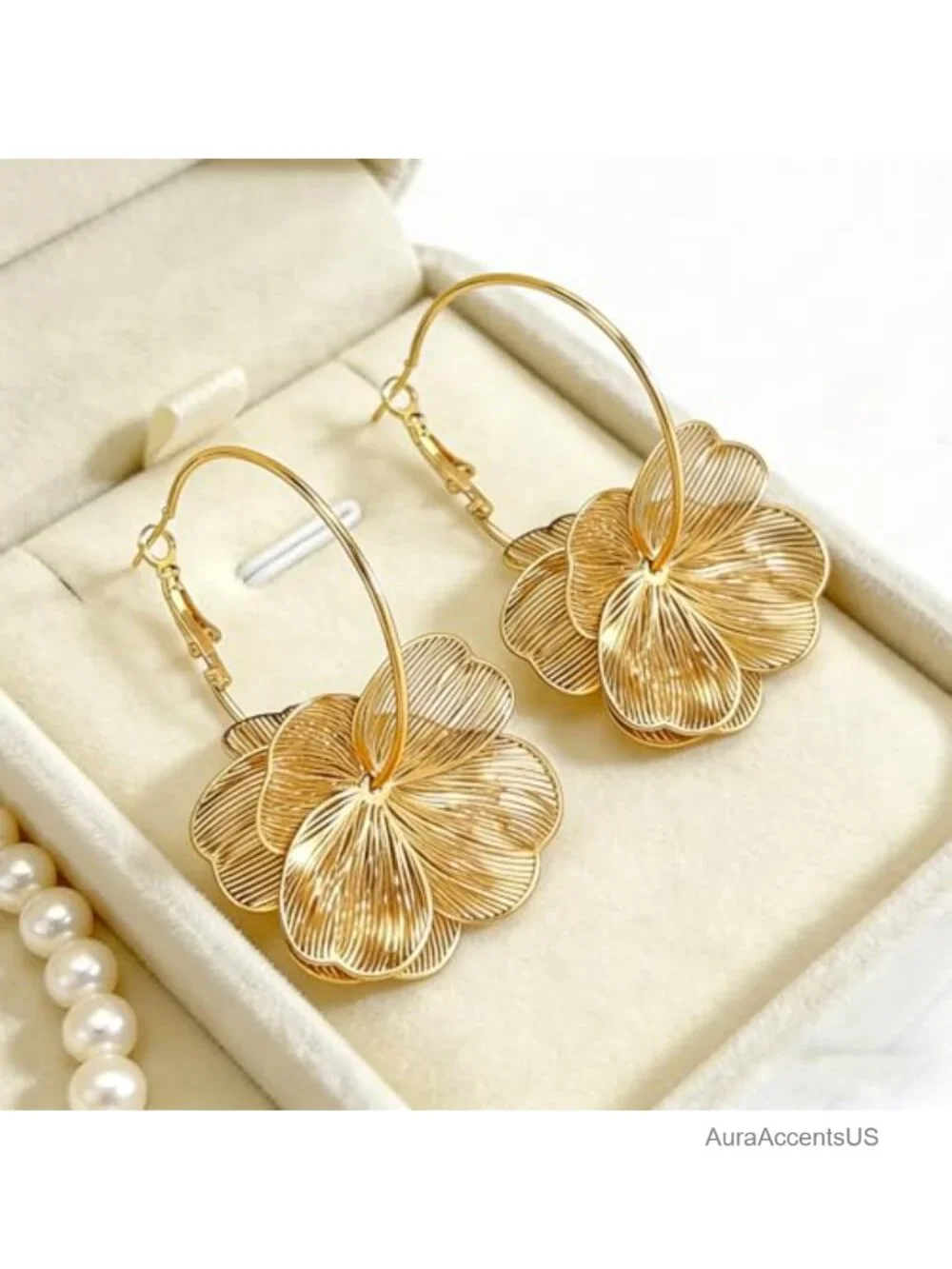 Gold-Tone Filigree Floral Dangle Earrings Long Drop Vintage Statement